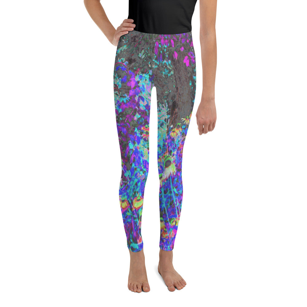 Youth Leggings, Trippy Lime Green and Purple Garden Sunrise