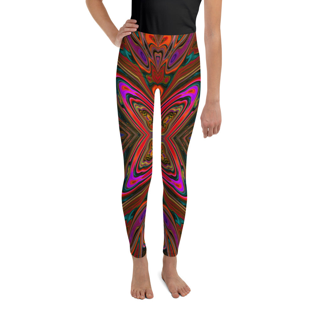 Youth Leggings, Abstract Trippy Orange and Magenta Butterfly