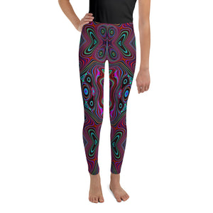 Youth Leggings, Trippy Seafoam Green and Magenta Abstract Pattern