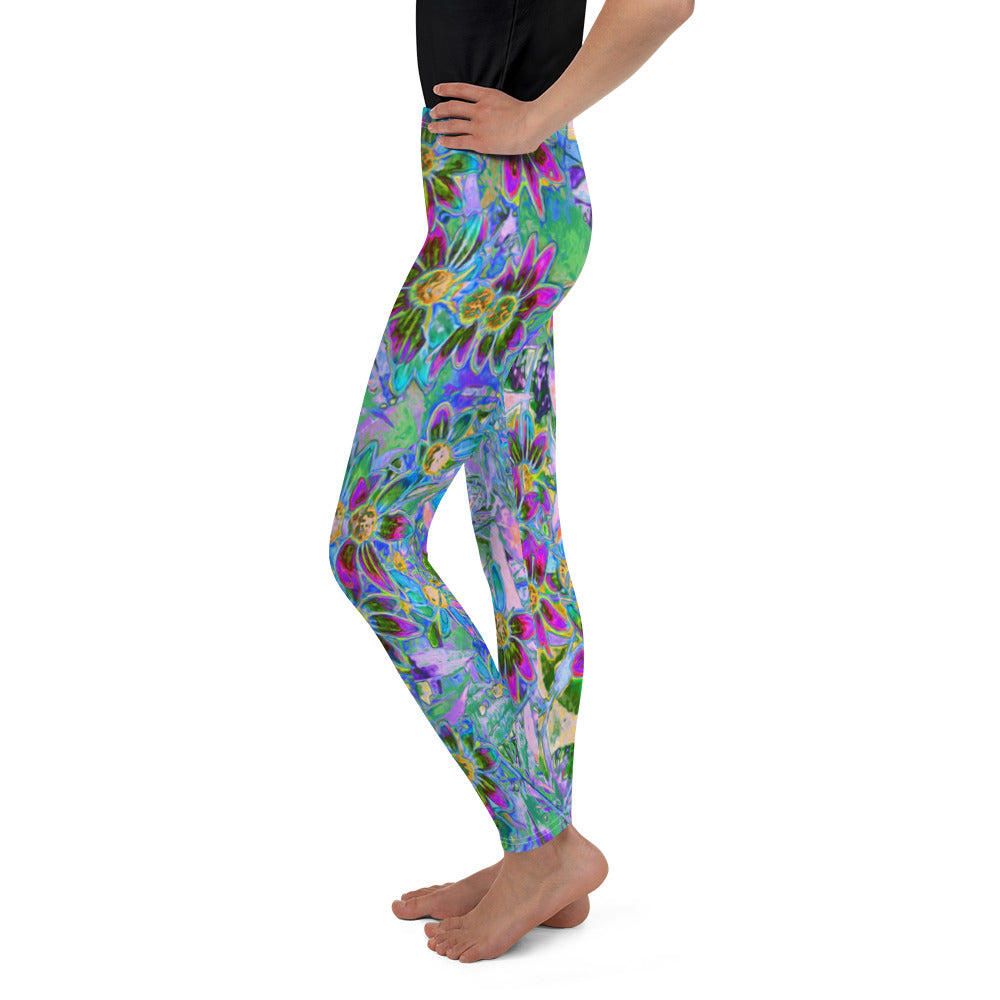 Youth Leggings for Girls, Retro Purple, Green and Blue Wildflowers on Pink