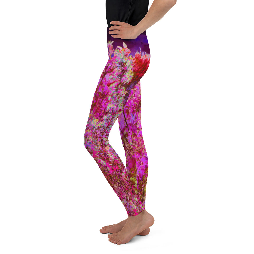Youth Leggings for Girls, Colorful Abstract Foliage Garden with Purple Sunset