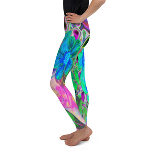 Youth Leggings, Psychedelic Trippy Lime Green and Blue Flowers