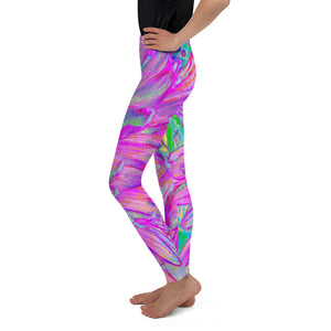 Youth Leggings for Girls, Cool Pink Blue and Purple Artsy Dahlia Bloom