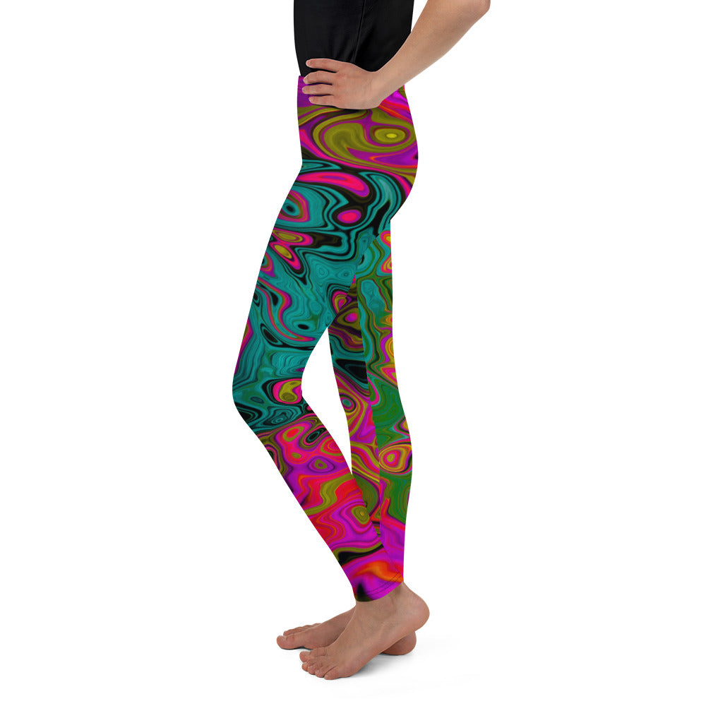 Youth Leggings for Girls, Trippy Turquoise Abstract Retro Liquid Swirl