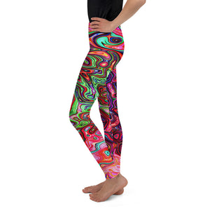 Youth Leggings for Girls and Boys, Watercolor Red Groovy Abstract Retro Liquid Swirl