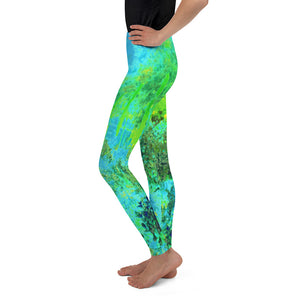 Youth Leggings, Trippy Lime Green and Blue Impressionistic Landscape