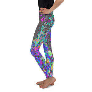 Youth Leggings, Trippy Lime Green and Purple Garden Sunrise