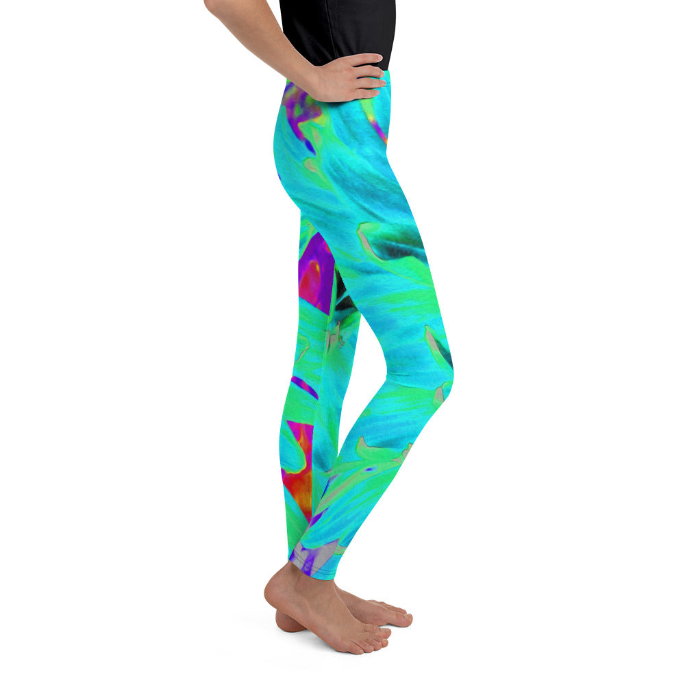 Youth Leggings for Girls, Unique Abstract Turquoise Green Dahlia Flower