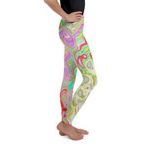 Youth Leggings for Girls, Groovy Abstract Retro Pastel Green Liquid Swirl