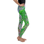 Youth Leggings for Girls and Boys, Trippy Lime Green and Pink Abstract Retro Swirl
