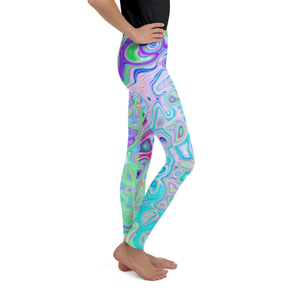 Youth Leggings for Girls, Groovy Abstract Retro Pink and Green Swirl