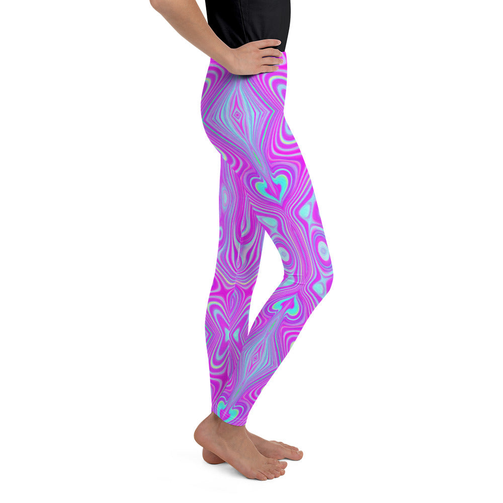 Youth Leggings, Trippy Hot Pink and Aqua Blue Abstract Pattern