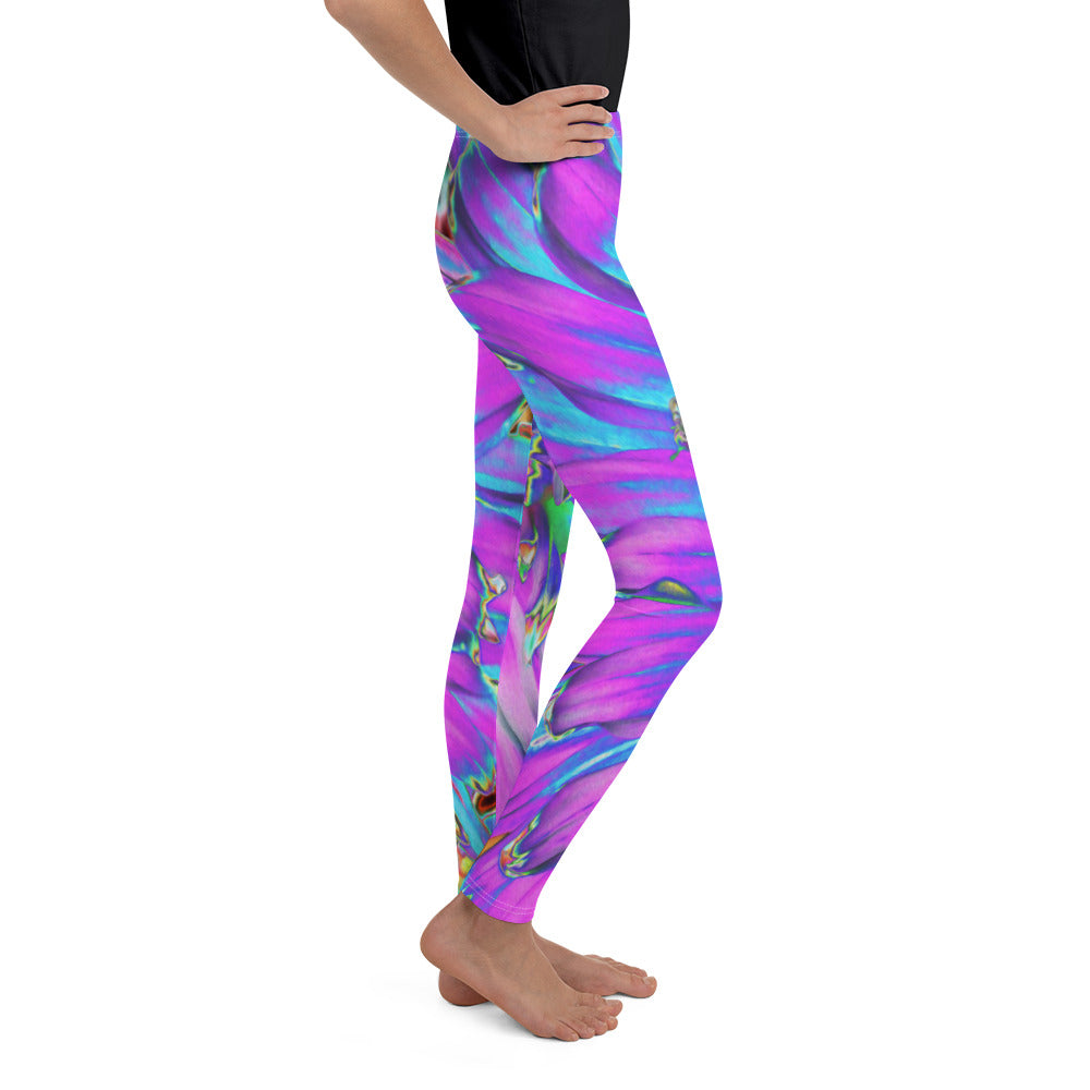 Youth Leggings, Trippy Abstract Aqua, Lime Green and Purple Dahlia