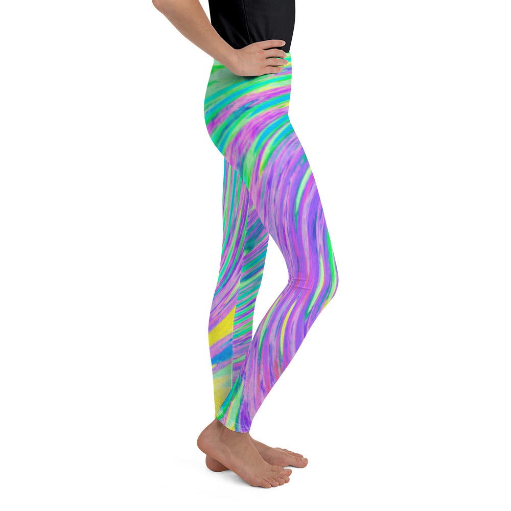 Youth Leggings, Turquoise Blue and Purple Abstract Swirl