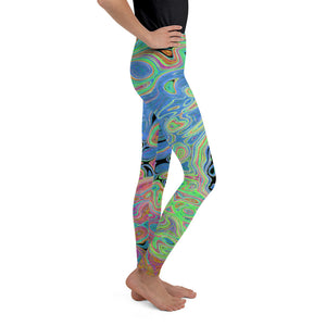 Youth Leggings, Watercolor Blue Groovy Abstract Retro Liquid Swirl