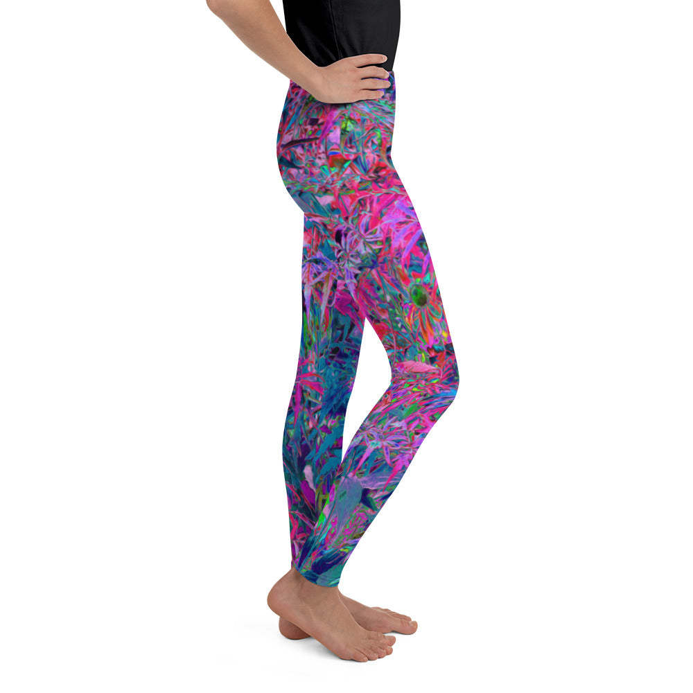 Youth Leggings, Abstract Psychedelic Rainbow Colors Foliage Garden
