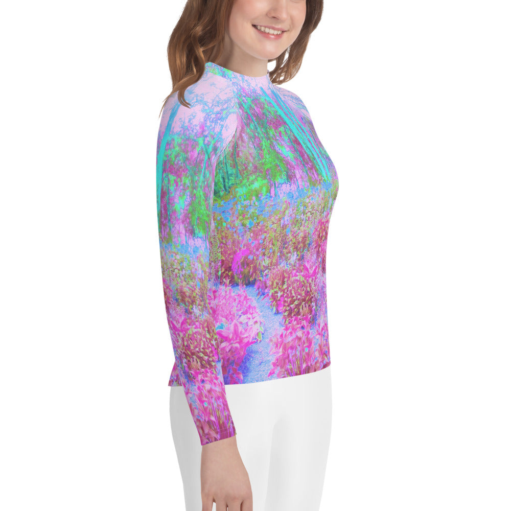 Youth Rash Guard Shirts, Impressionistic Pink and Turquoise Garden Landscape