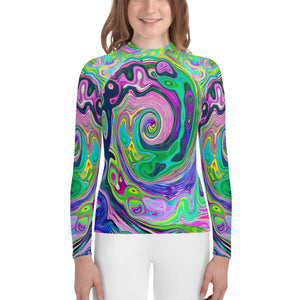 Youth Rash Guard Shirts, Groovy Abstract Aqua and Navy Lava Swirl