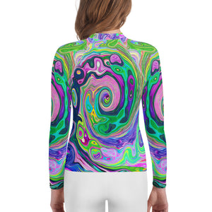 Youth Rash Guard Shirts, Groovy Abstract Aqua and Navy Lava Swirl