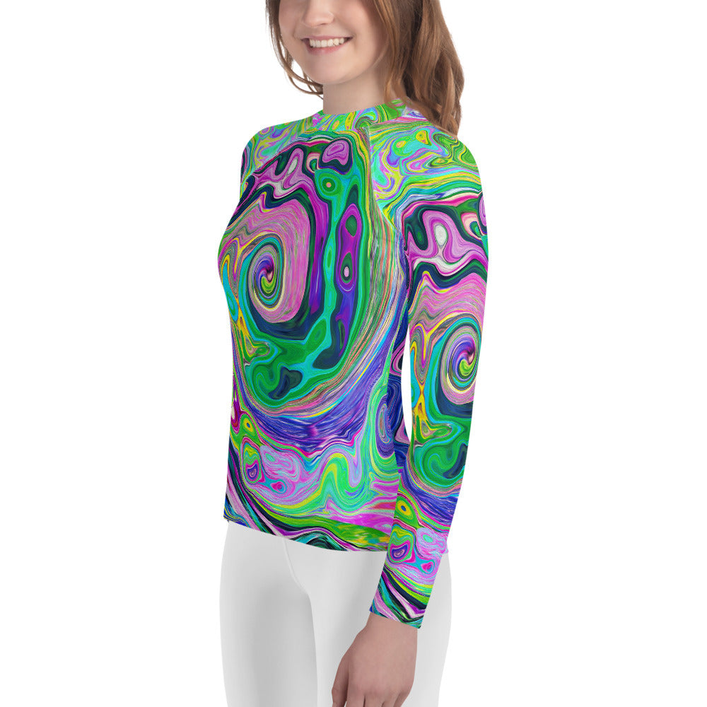 Youth Rash Guard Shirts, Groovy Abstract Aqua and Navy Lava Swirl