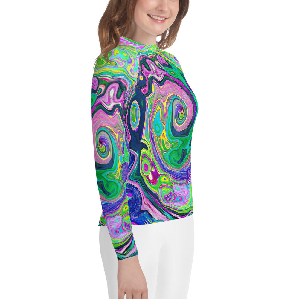 Youth Rash Guard Shirts, Groovy Abstract Aqua and Navy Lava Swirl