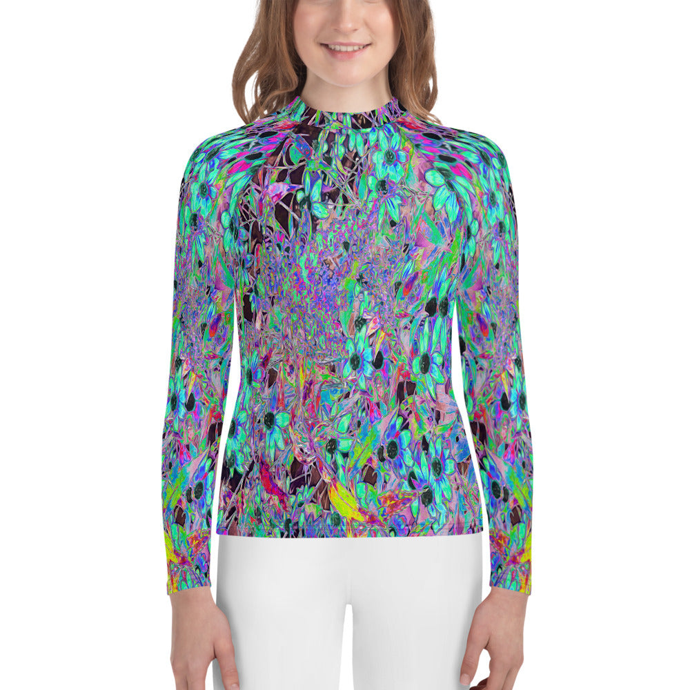 Youth Rash Guard Shirts, Purple Garden with Psychedelic Aquamarine Flowers