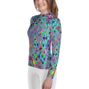 Youth Rash Guard Shirts, Purple Garden with Psychedelic Aquamarine Flowers