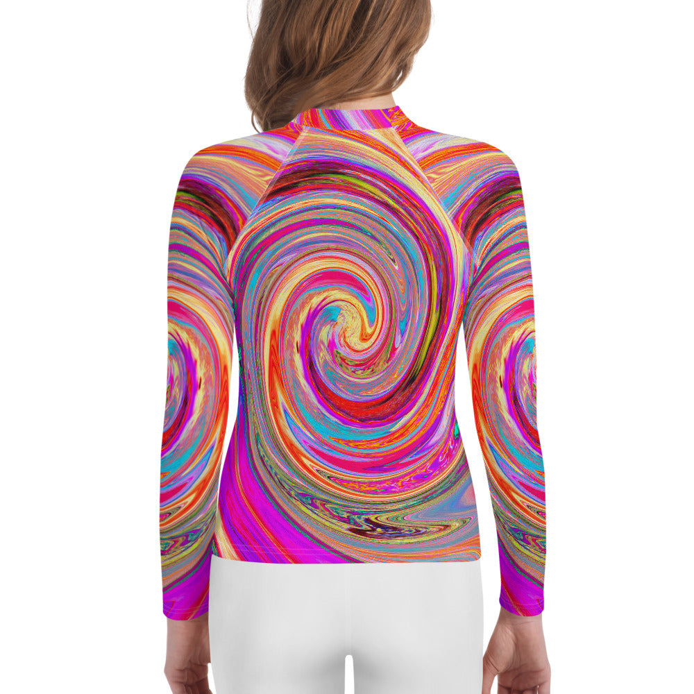 Youth Rash Guard Shirts, Colorful Rainbow Swirl Retro Abstract Design