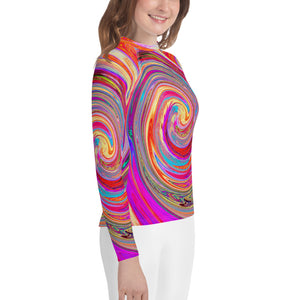 Youth Rash Guard Shirts, Colorful Rainbow Swirl Retro Abstract Design