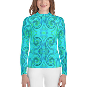 Youth Rash Guard Shirts, Groovy Cool Abstract Aqua Liquid Art Swirl Pattern