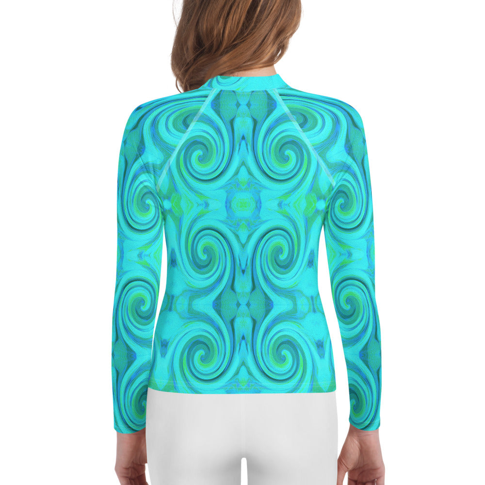 Youth Rash Guard Shirts, Groovy Cool Abstract Aqua Liquid Art Swirl Pattern