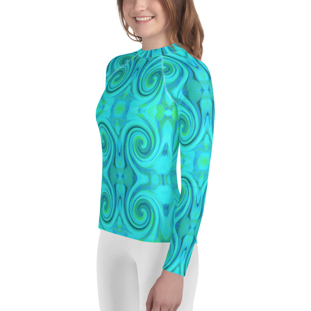 Youth Rash Guard Shirts, Groovy Cool Abstract Aqua Liquid Art Swirl Pattern