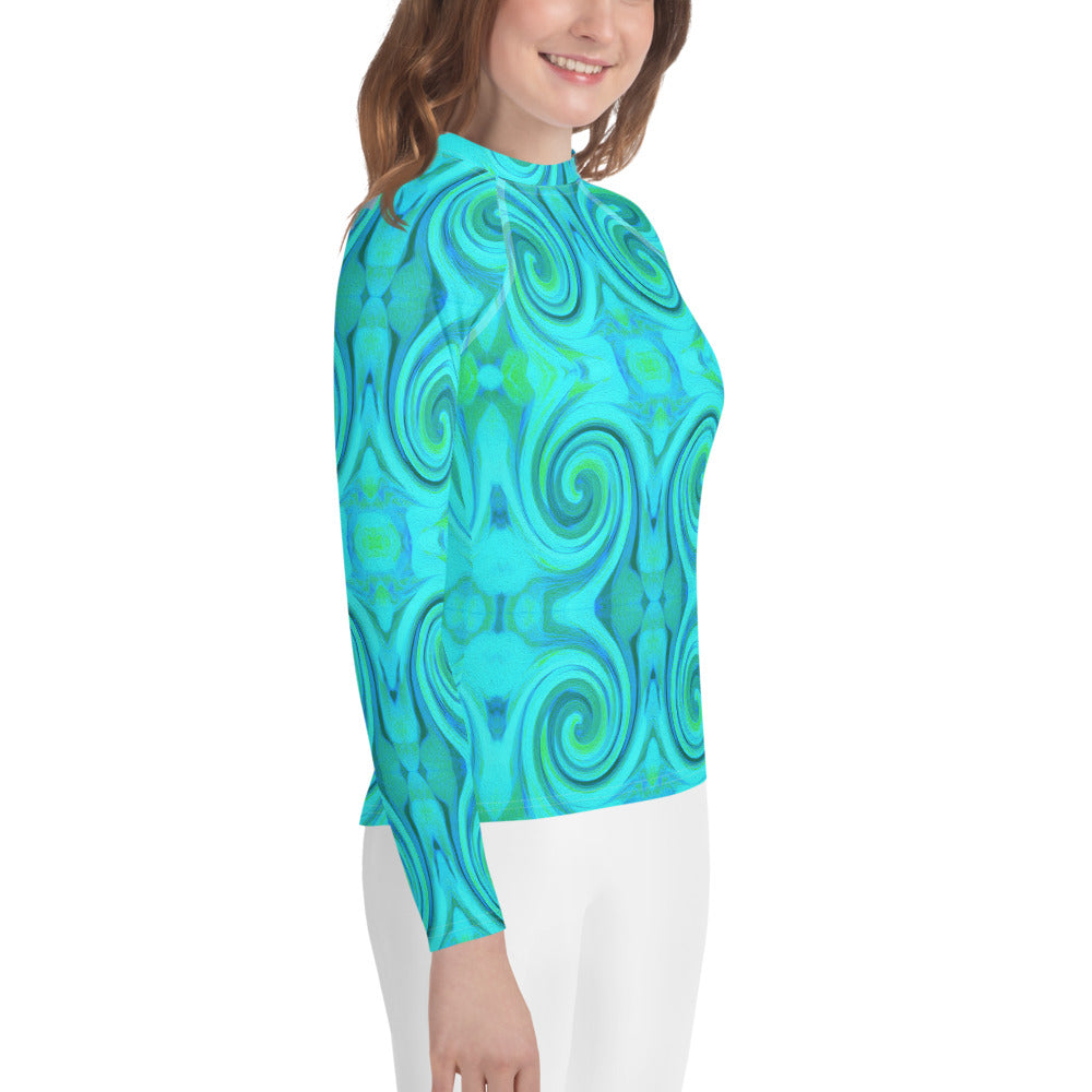 Youth Rash Guard Shirts, Groovy Cool Abstract Aqua Liquid Art Swirl Pattern