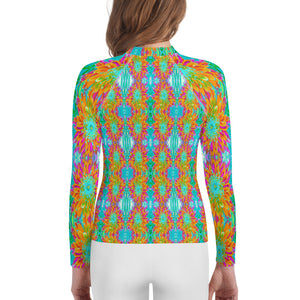 Youth Rash Guard Shirts, Abstract Retro Dahlia Pattern in Orange and Teal Blue