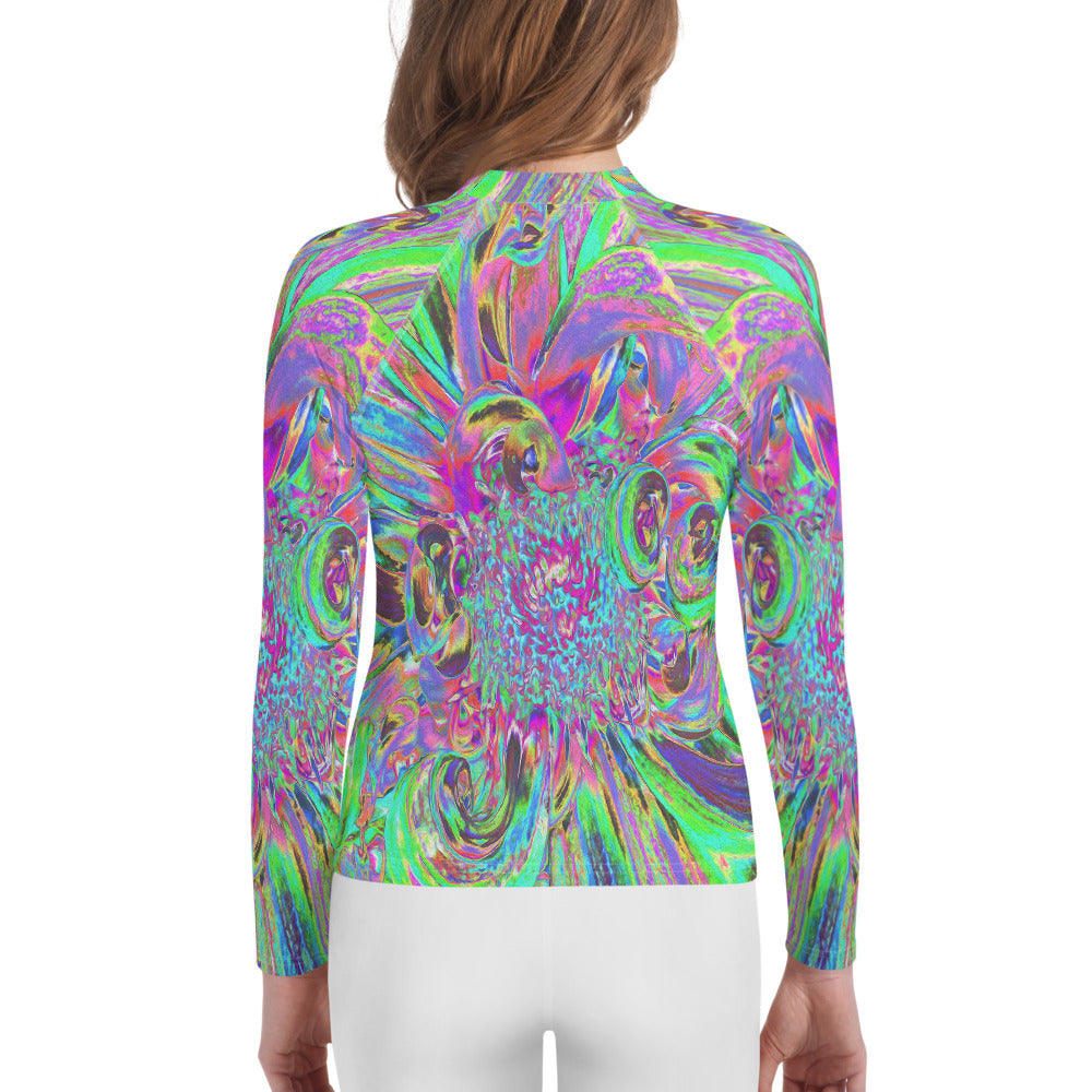 Youth Rash Guard Shirts for Girls, Festive Colorful Psychedelic Dahlia Flower Petals