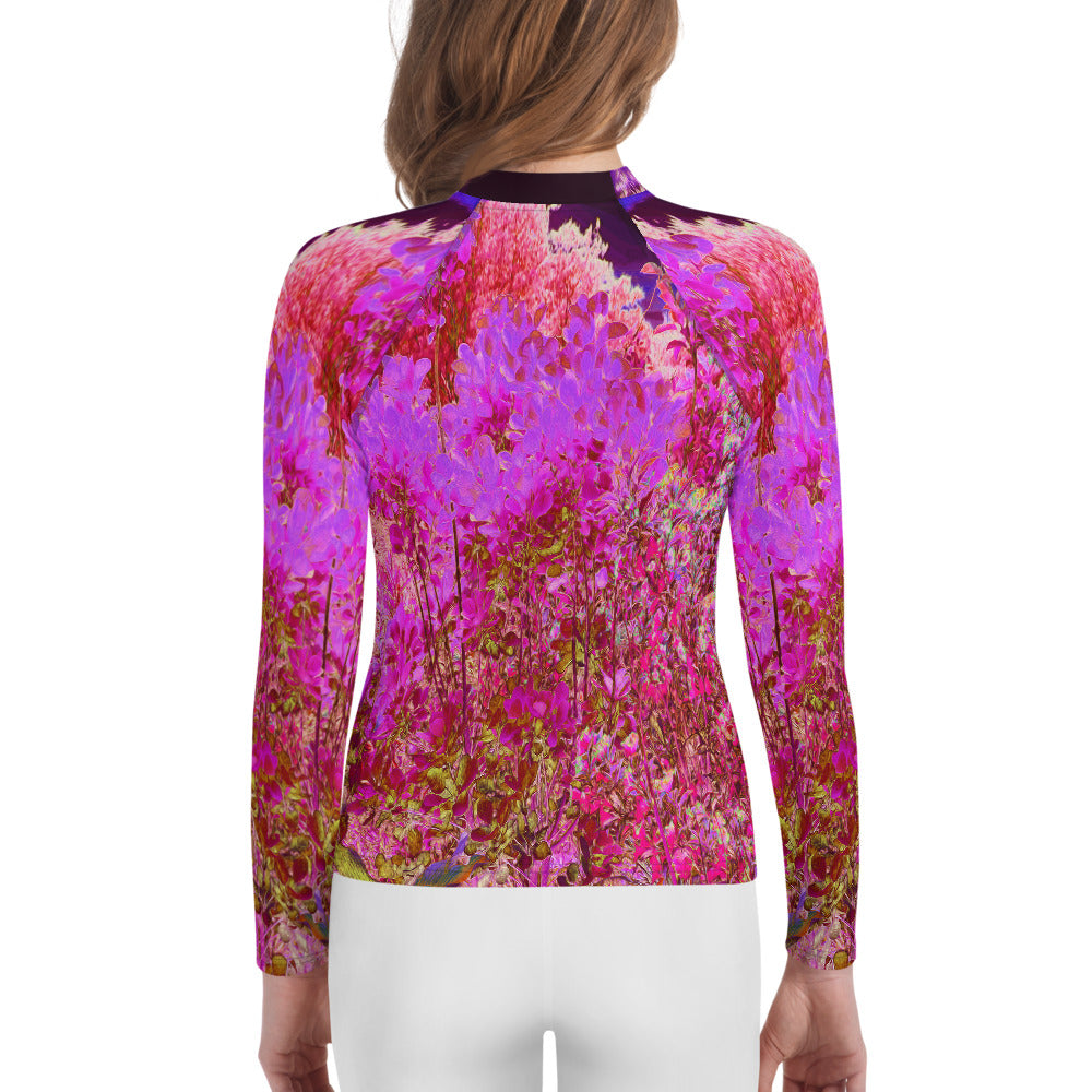 Youth Rash Guard Shirts, Colorful Abstract Foliage Garden with Purple Sunset