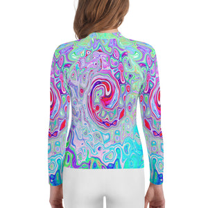 Youth Rash Guard Shirts for Girls, Groovy Abstract Retro Pink and Green Swirl