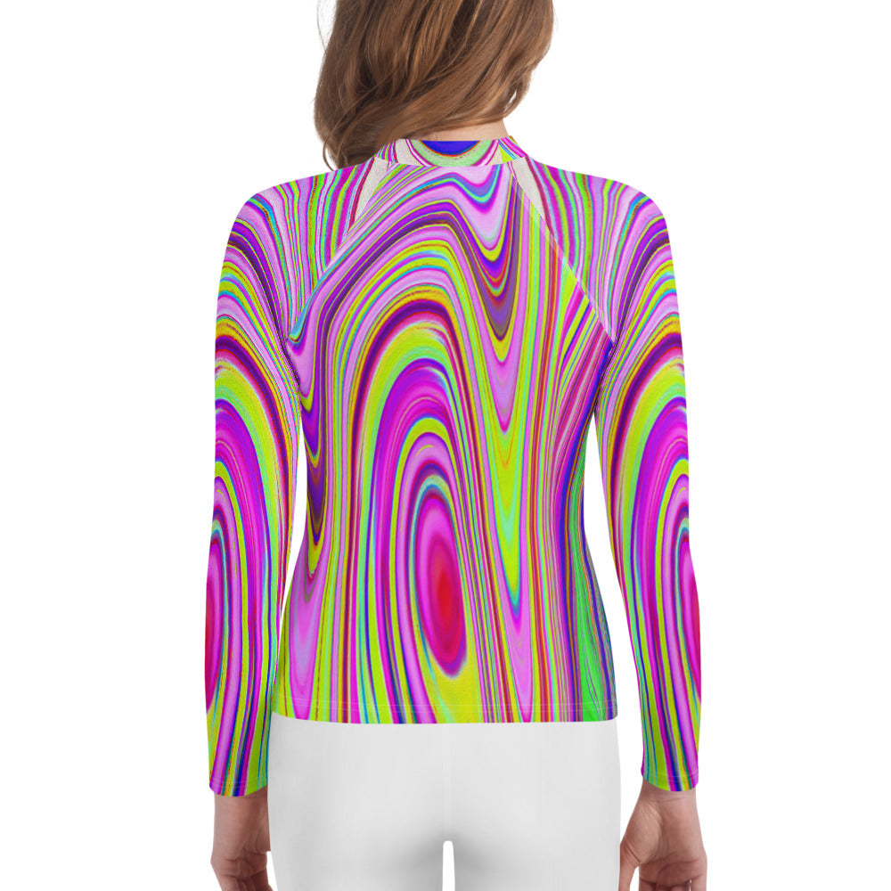 Youth Rash Guard Shirts for Girls, Trippy Yellow and Pink Abstract Groovy Retro Art