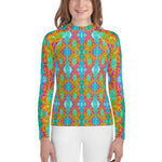 Youth Rash Guard Shirts, Abstract Retro Dahlia Pattern in Orange and Teal Blue