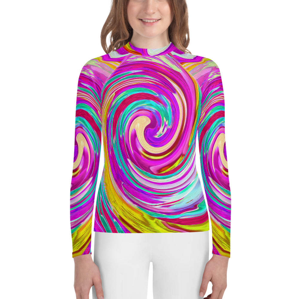 Youth Rash Guard Shirts, Colorful Fiesta Swirl Retro Abstract Design