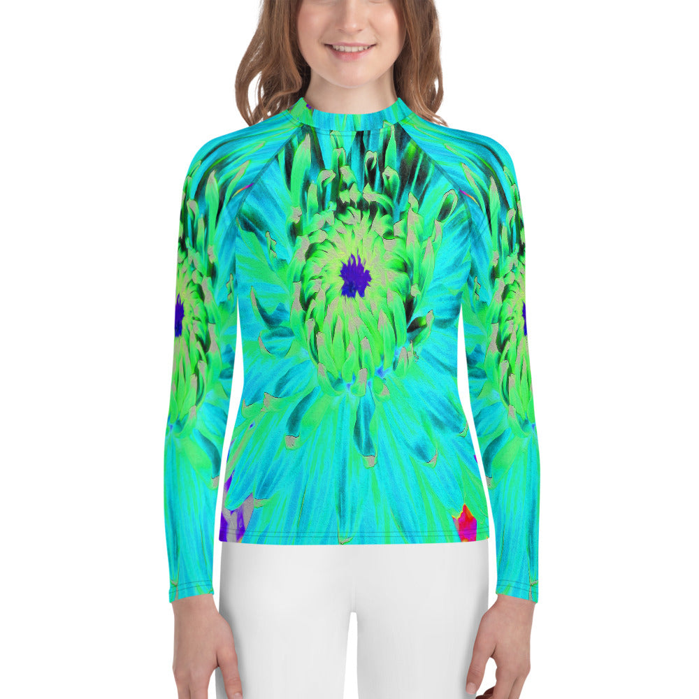 Youth Rash Guard Shirts for Girls, Unique Abstract Turquoise Green Dahlia Flower