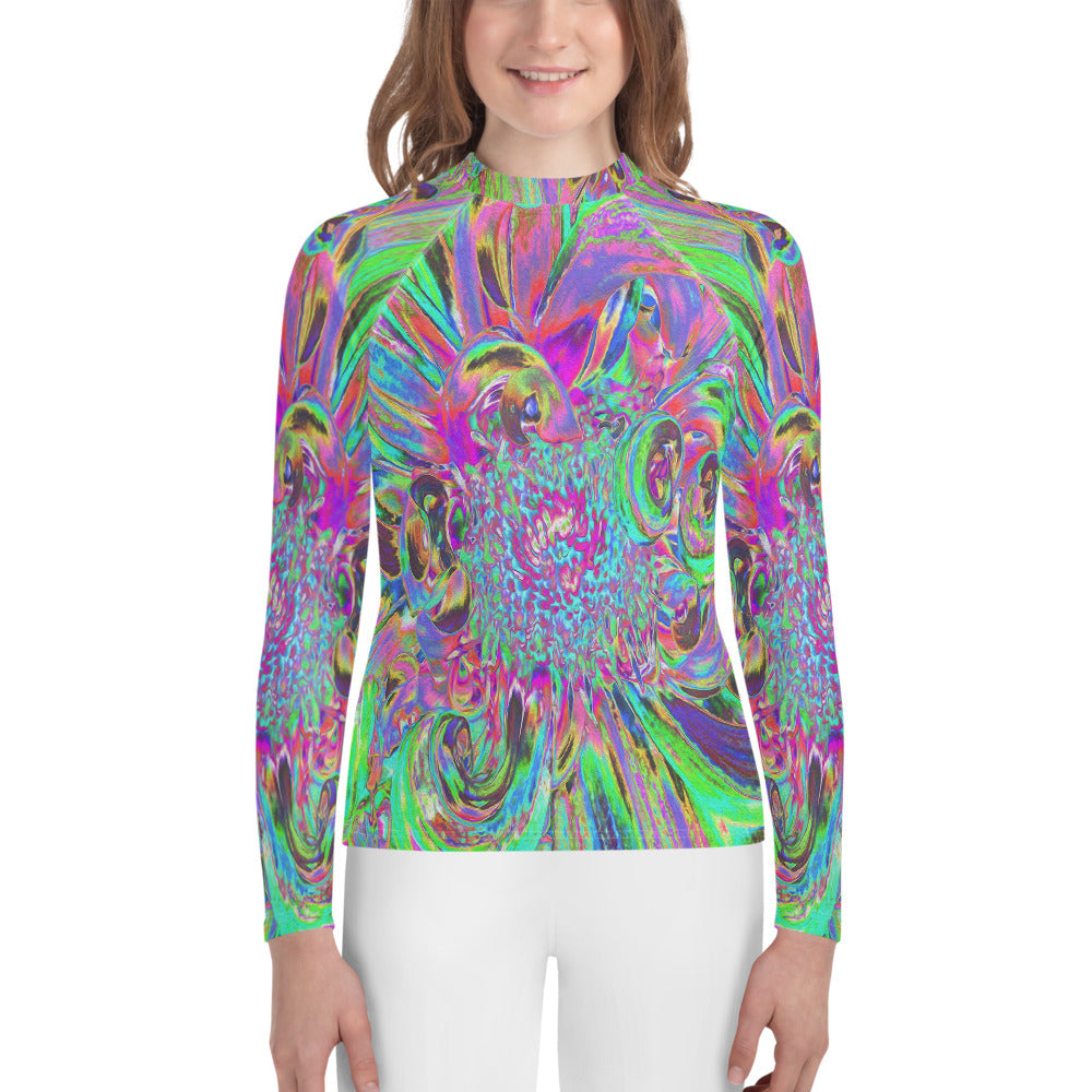 Youth Rash Guard Shirts for Girls, Festive Colorful Psychedelic Dahlia Flower Petals