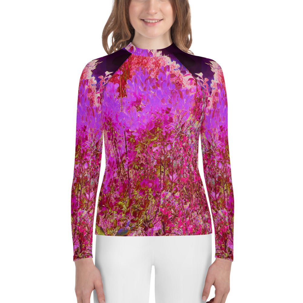 Youth Rash Guard Shirts, Colorful Abstract Foliage Garden with Purple Sunset