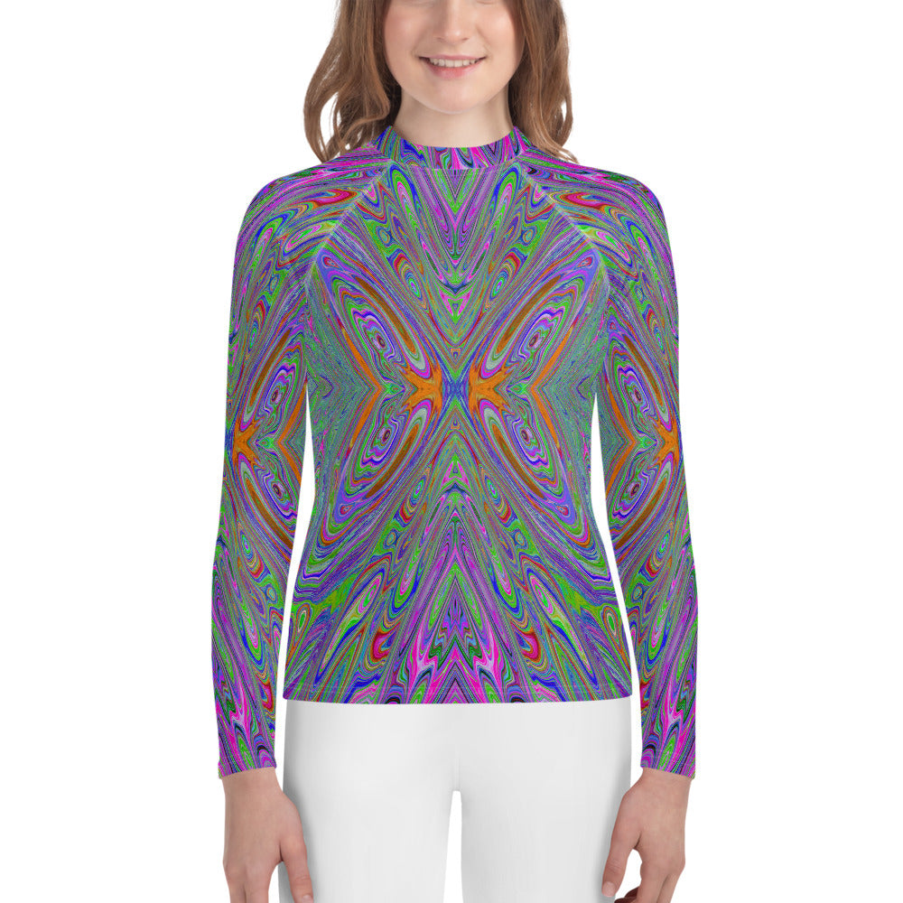Youth Rash Guard Shirts, Abstract Trippy Purple, Orange and Lime Green Butterfly