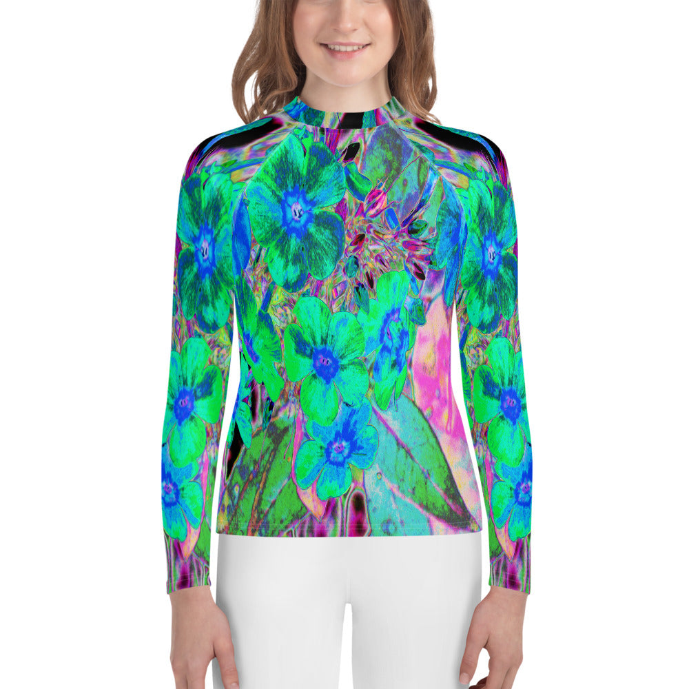 Youth Rash Guard Shirts, Psychedelic Trippy Lime Green and Blue Flowers