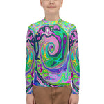 Youth Rash Guard Shirts for Boys, Groovy Abstract Aqua and Navy Lava Swirl