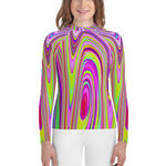 Youth Rash Guard Shirts for Girls, Trippy Yellow and Pink Abstract Groovy Retro Art