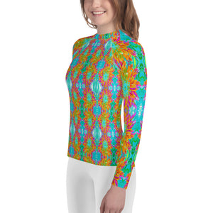 Youth Rash Guard Shirts, Abstract Retro Dahlia Pattern in Orange and Teal Blue