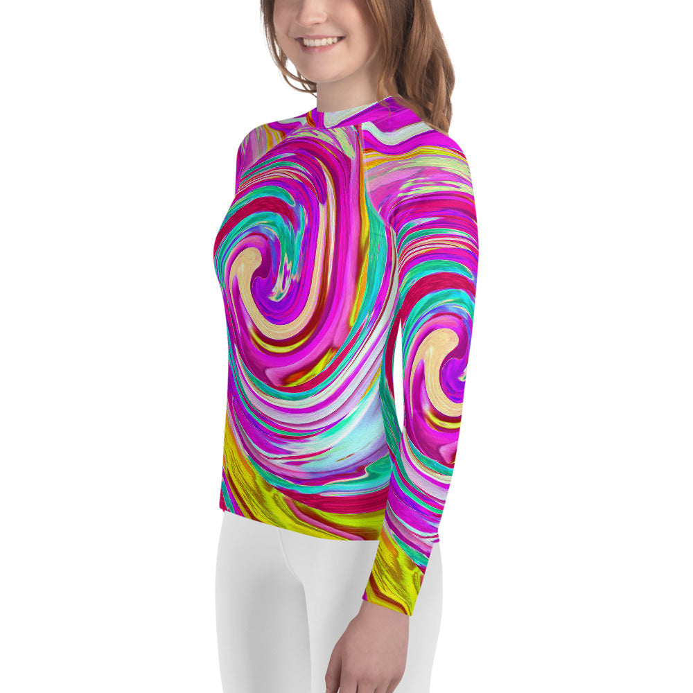Youth Rash Guard Shirts, Colorful Fiesta Swirl Retro Abstract Design