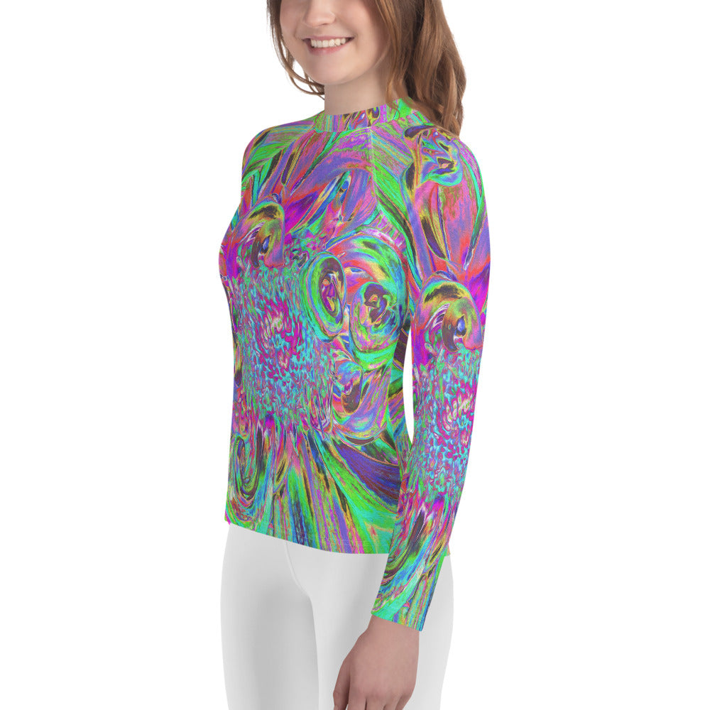 Youth Rash Guard Shirts for Girls, Festive Colorful Psychedelic Dahlia Flower Petals